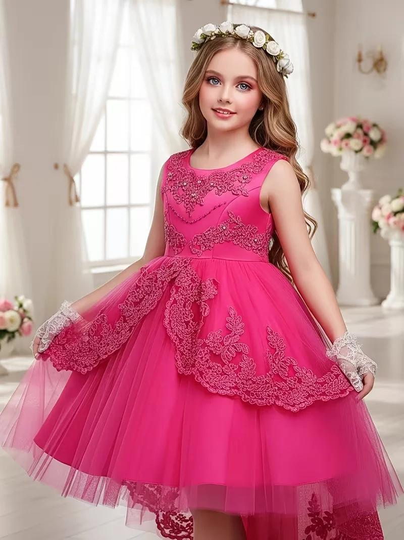 Robe cérémonie fille dentelle perles 2026 - Tenue princesse brodée toutes saisons enfants
