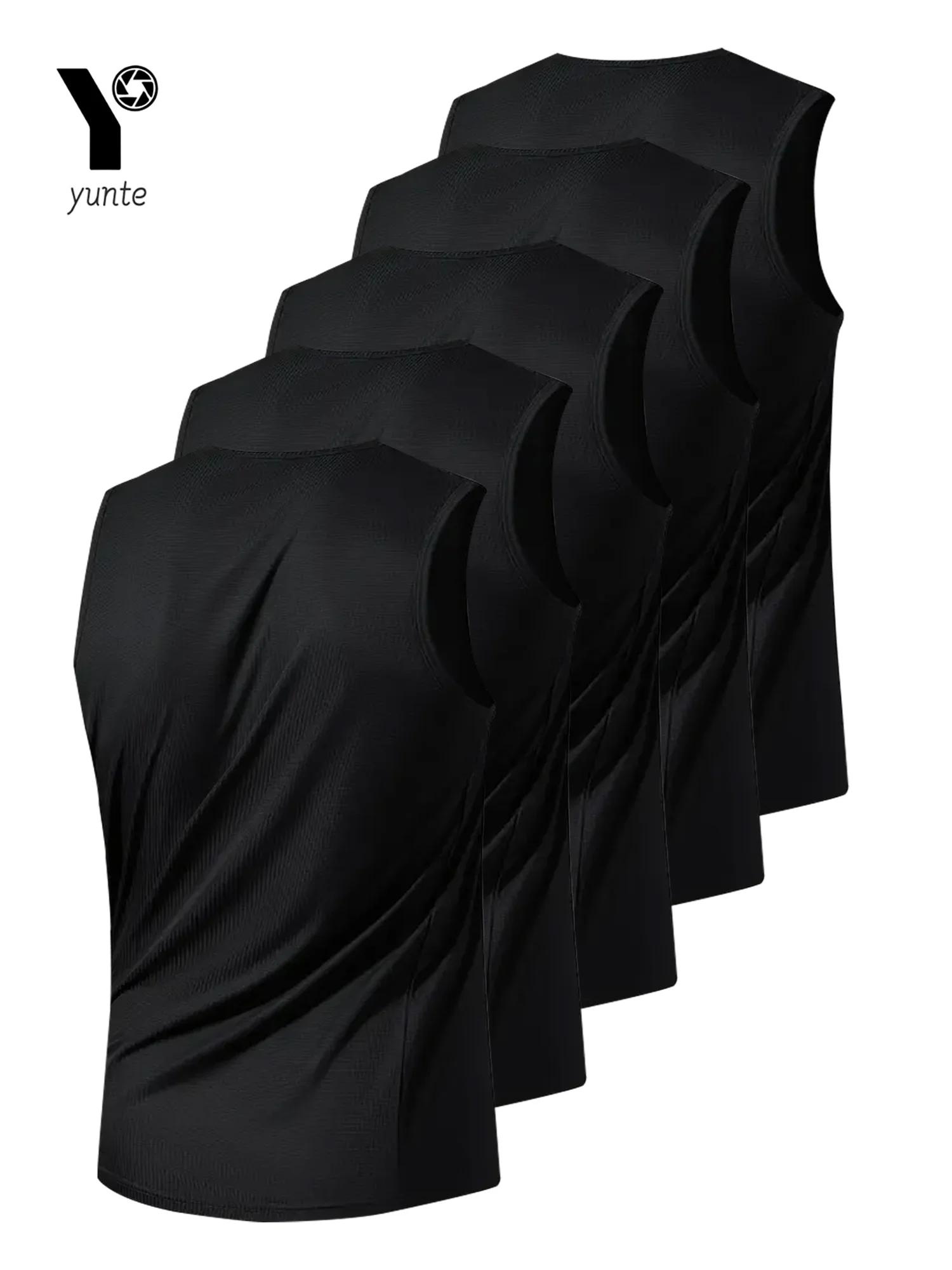 Gilet de sport noir pour hommes, 5 pièces, col rond respirant, tissu légèrement élastique, couleur P