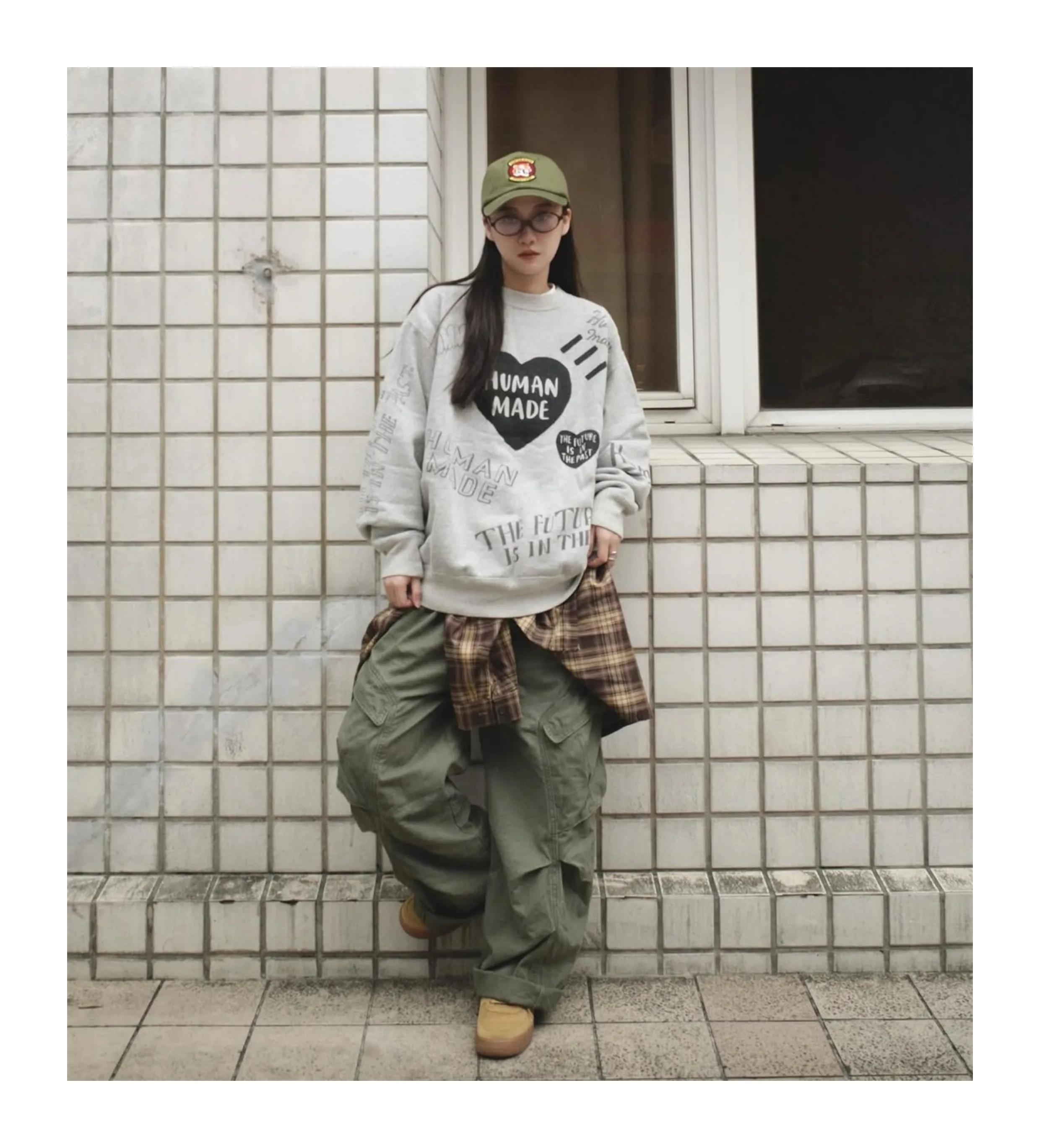 HUMAN MADE Sweat-shirt à capuche avec lettres en forme de cœur, doublure en polaire, rétro, unisexe,