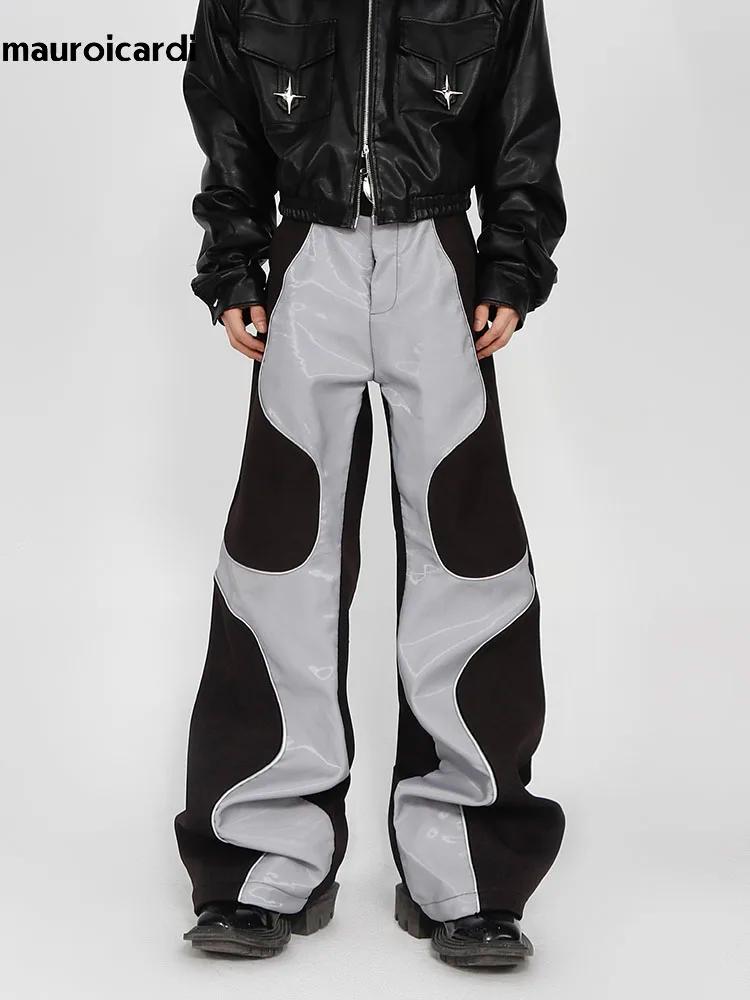 Mauroicardi-Pantalon en cuir PU patchwork doux pour hommes, vêtements de créateur de luxe, long et c