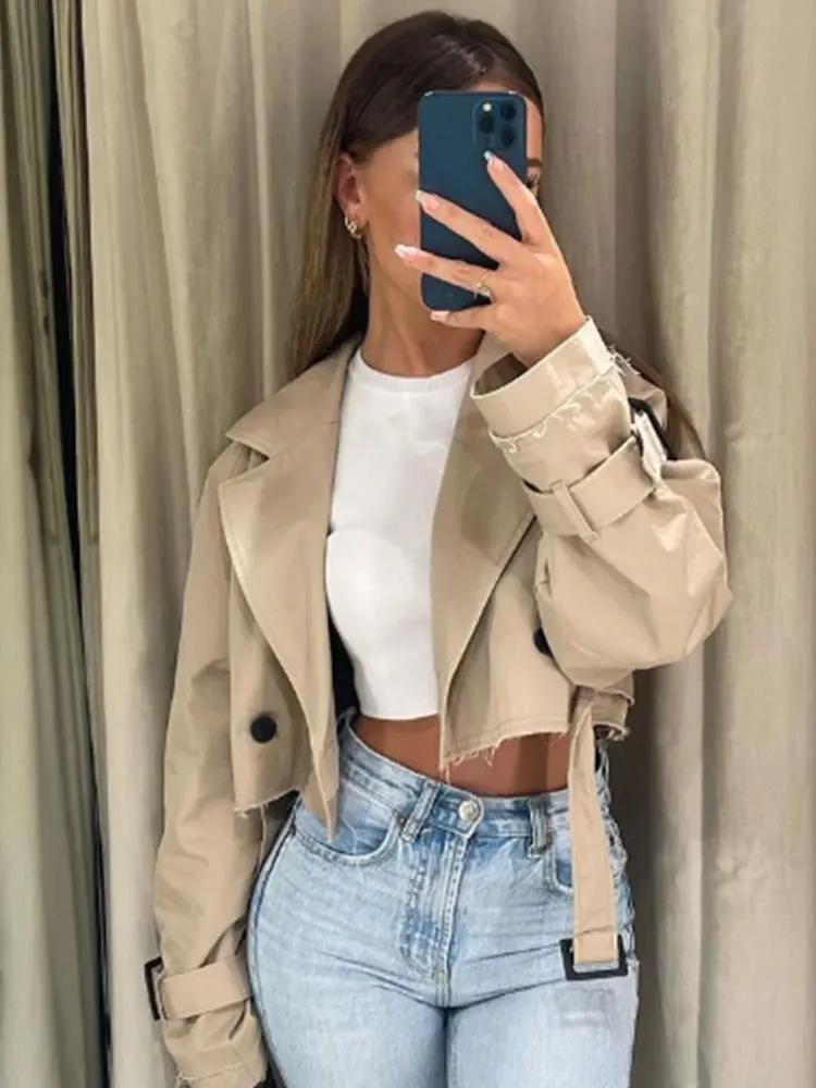 Trench court avec ceinture pour femme, veste de printemps, Vintage, Streetwear, Double boutonnage, m