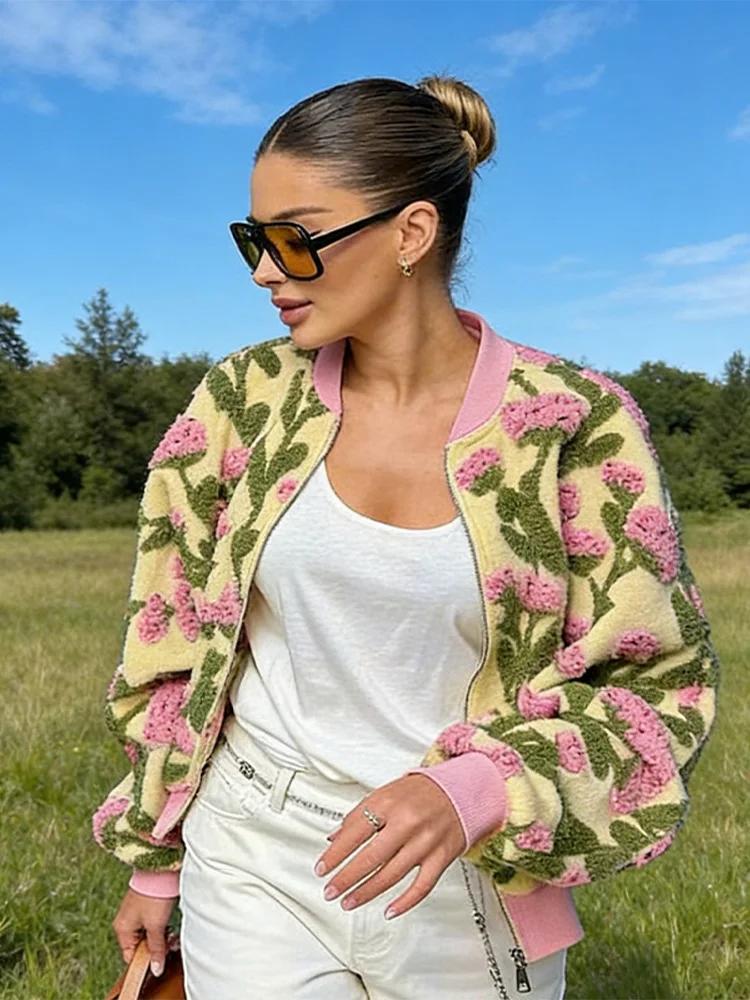 Blouson Bomber en Peluche Fleuri Chic et Décontracté pour Femme, Coupe Ample à Manches Longues, Ferm