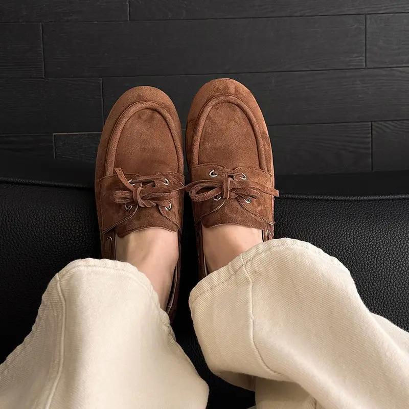 MORAZORA – mocassins en cuir suédé pour femmes, 3 couleurs, chaussures plates à lacets, bout rond, c