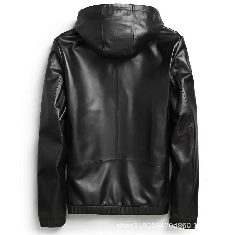 Veste en cuir véritable pour hommes, manteau court en peau de mouton avec capuche, vêtements décontr