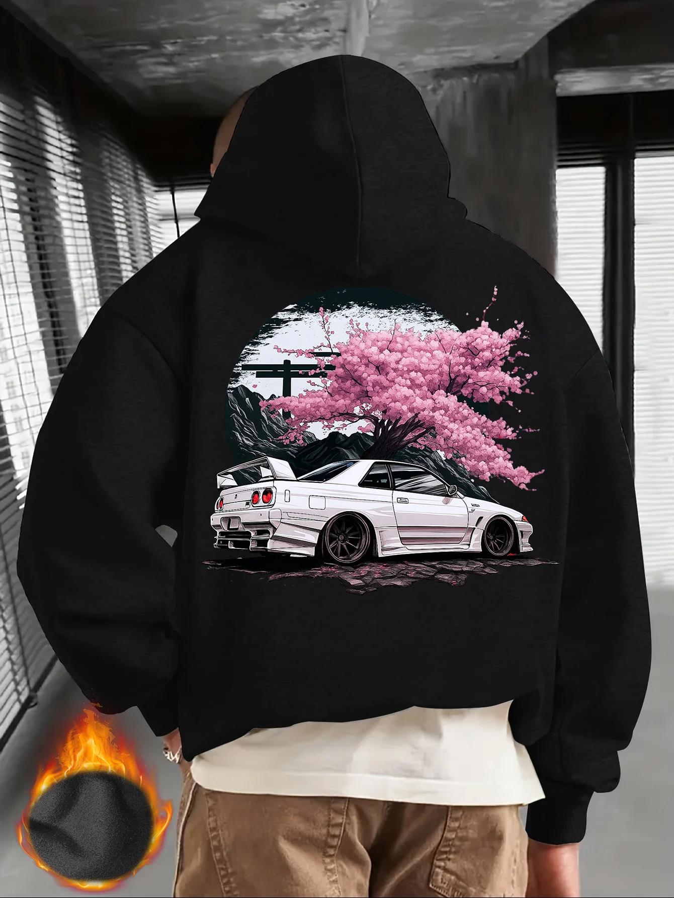 Sweat à capuche noir pour hommes avec voiture JDM blanche et imprimé dos de fleur de cerisier rose, 