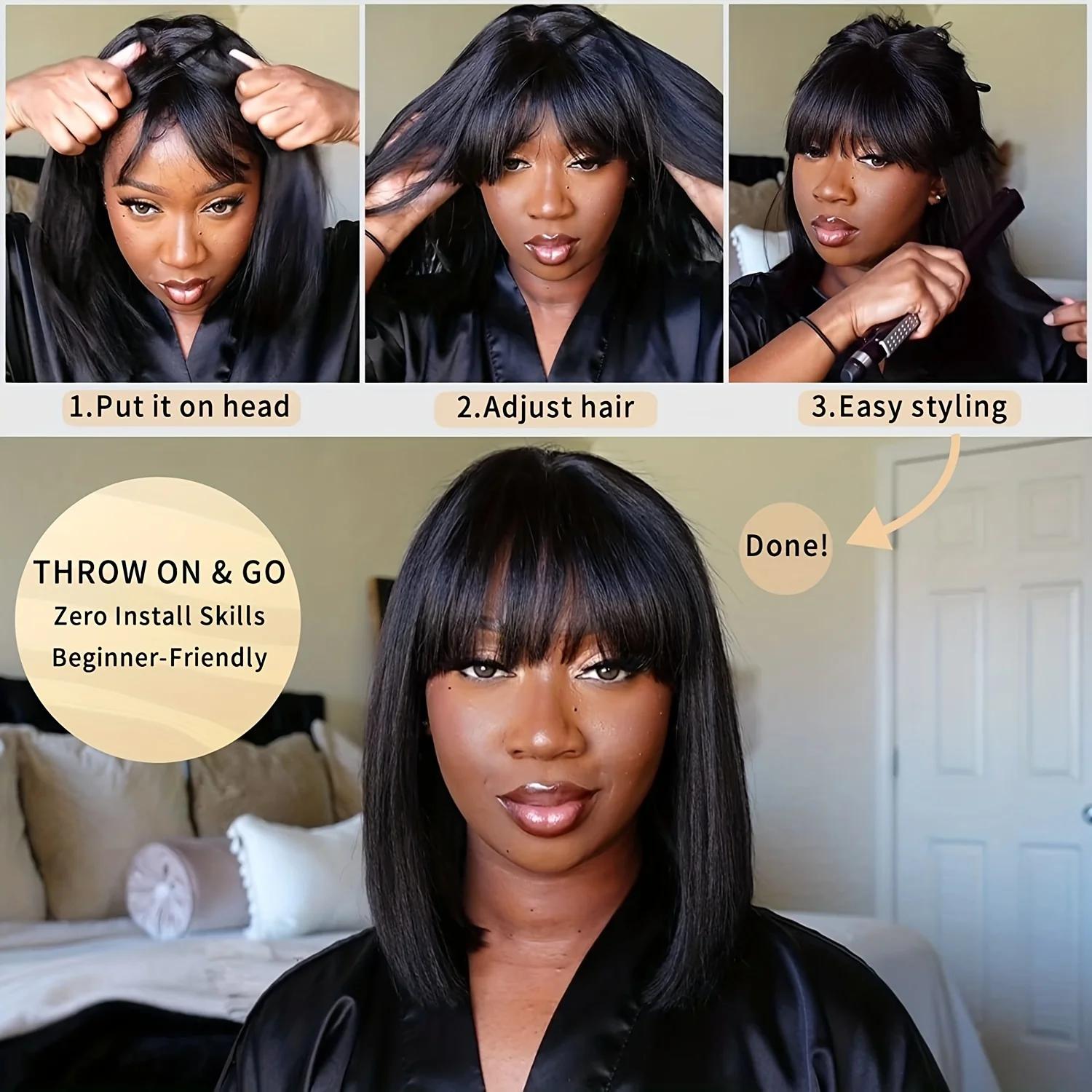 Perruque Bob Lace Wig Brésilienne Naturelle, Cheveux Courts et Lisses, avec Frange, 3x1 HD, 100% de 
