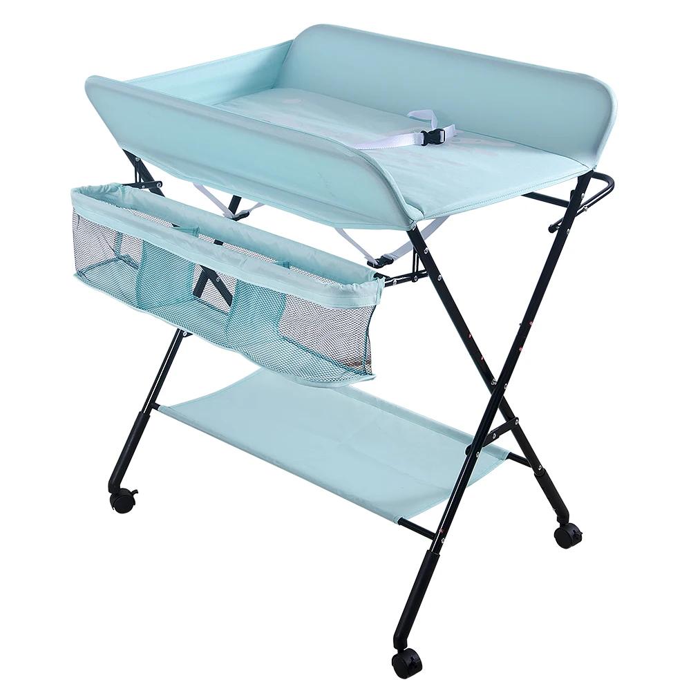 Table à Langer Pliable, Plan à Langer avec Panier Latéral et Roulettes Verrouillables, Meuble pour B