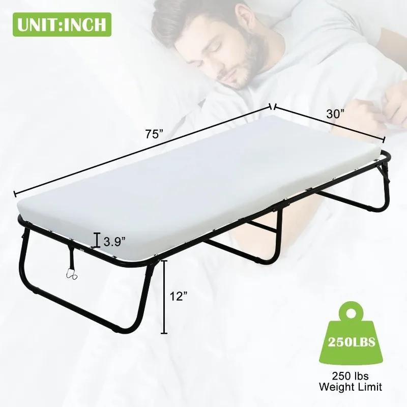 Lit pliant avec matelas en mousse à mémoire de forme et cadre métallique portable avec roulettes Lit