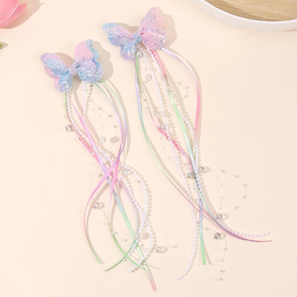Pinces à cheveux avec nœud papillon à paillettes, 2 pièces, papillon arc-en-ciel avec de longues per
