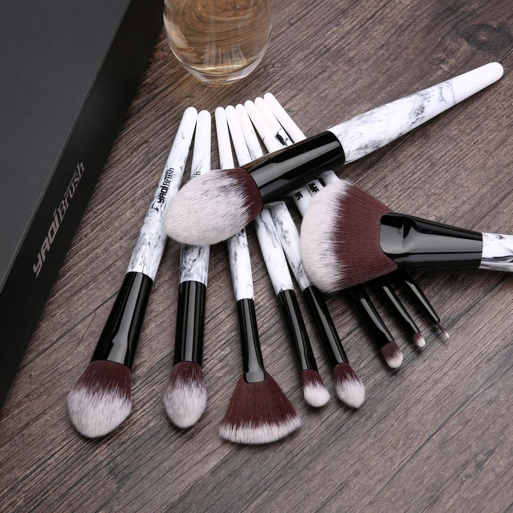 Yaqi-Ensemble de pinceaux de maquillage, cheveux synthétiques, manche en résine marbrée, étui en PU 