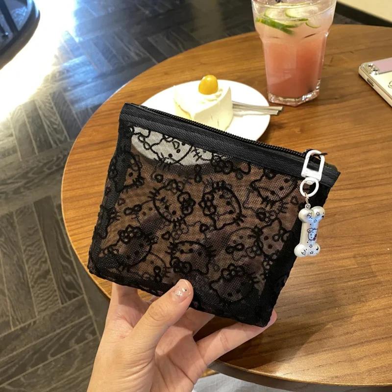 Sac à cosmétiques Kawaii Hello Kitty, style anime, sac à monnaie portable en maille, sac de rangemen