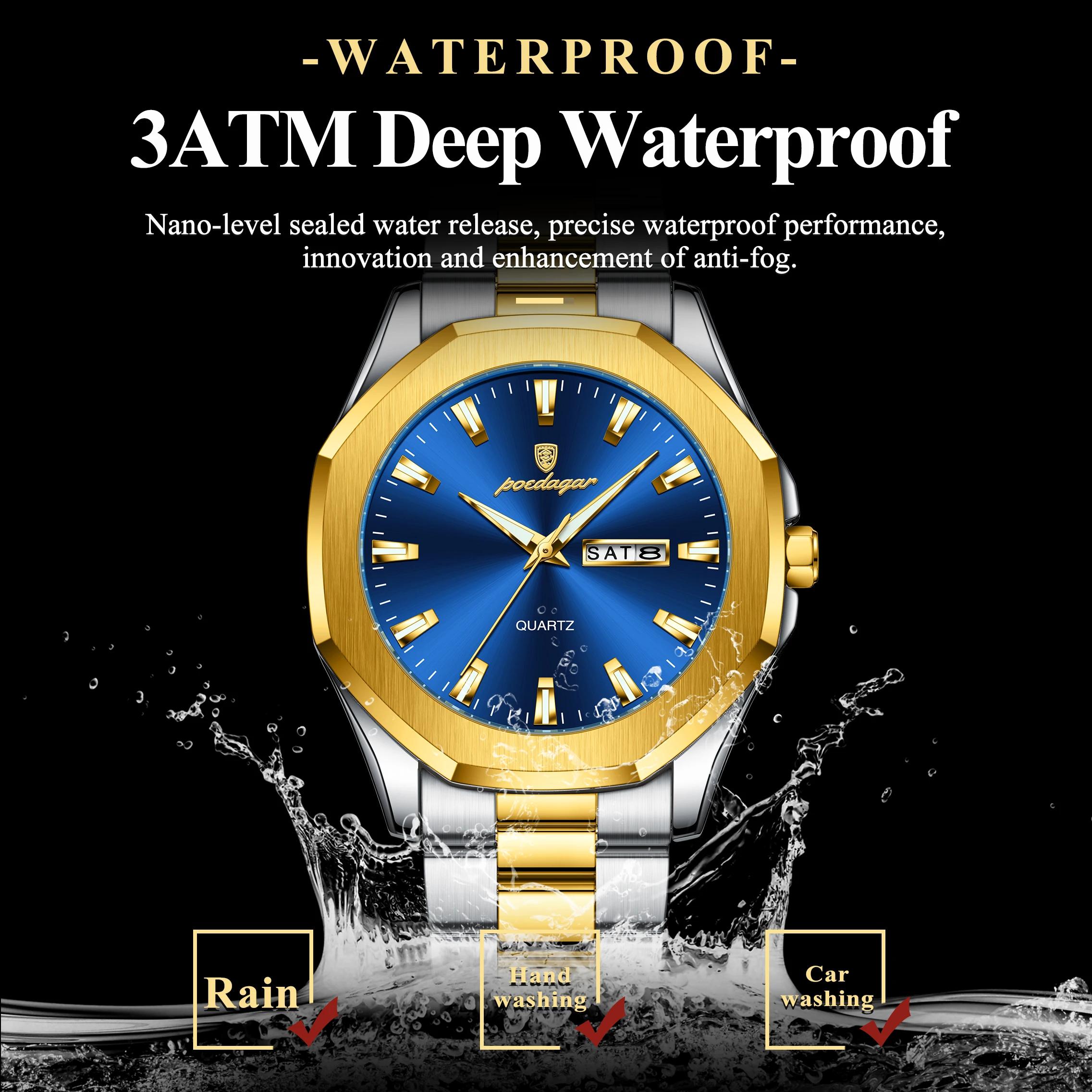 POEDAGAR-Montre-bracelet de luxe en acier inoxydable pour homme, étanche, Shoous, semaine, date, mod