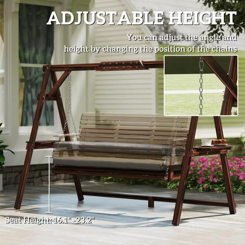 Balançoire de véranda 3 places avec support, chaise de patio en bois avec coussin, plateaux latéraux