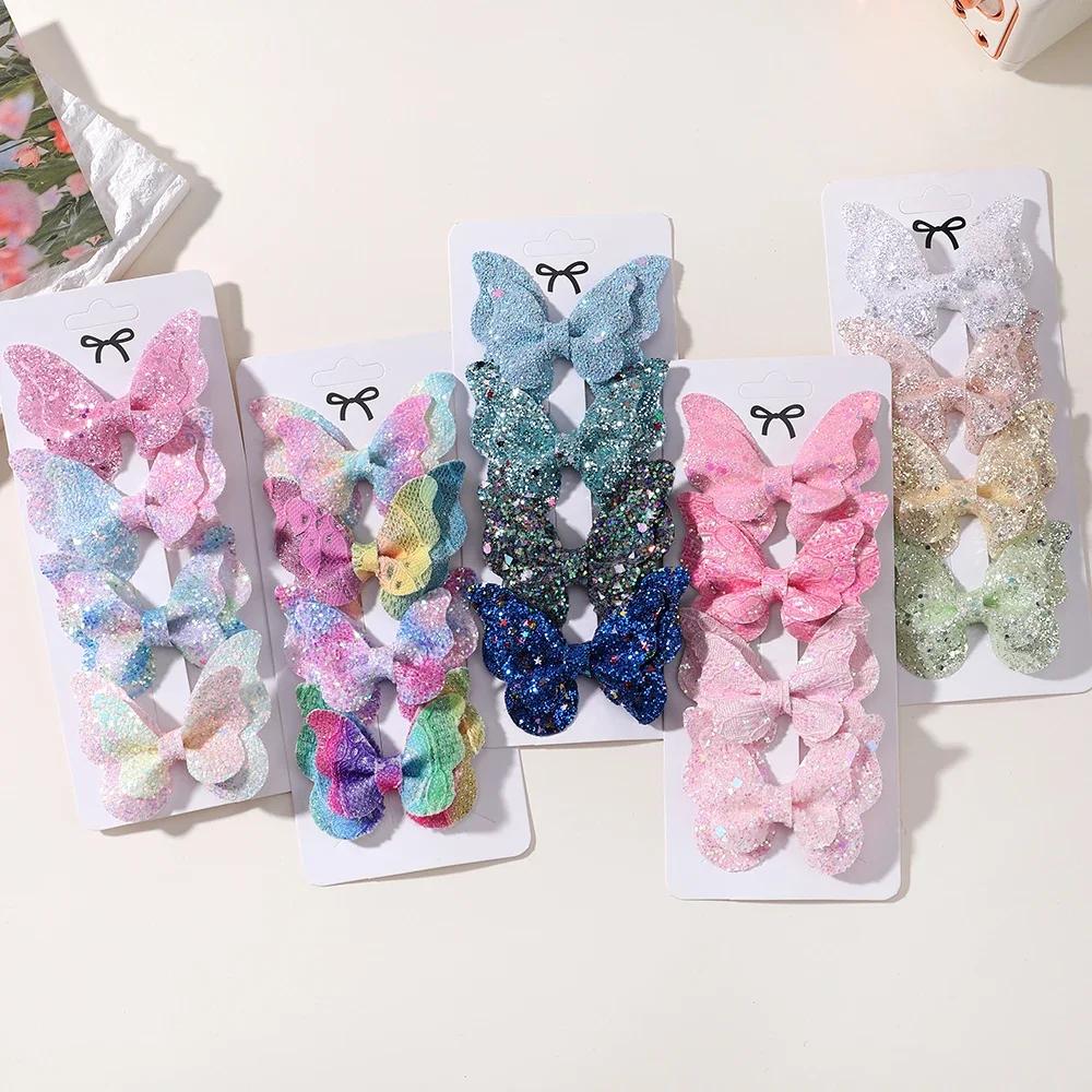 4 pièces filles mignon paillettes Double papillon pince à cheveux arc épingles à cheveux bricolage c