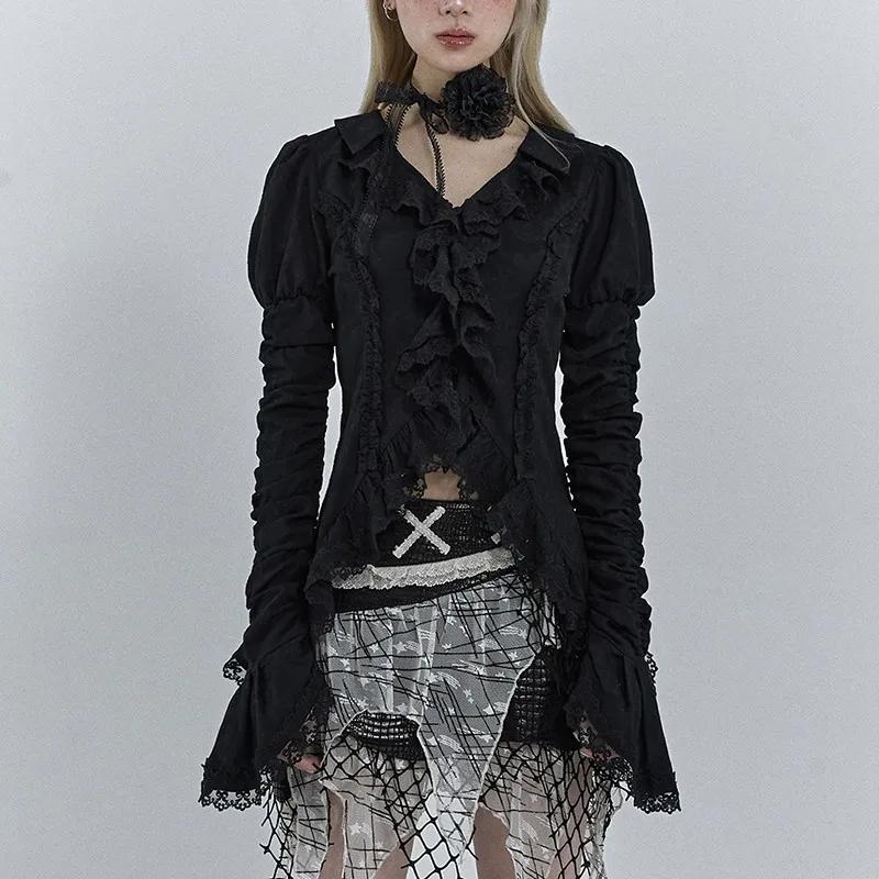 Karrcat-Chemise gothique en dentelle noire, chemisiers irréguliers esthétiques foncées, style CHRIST