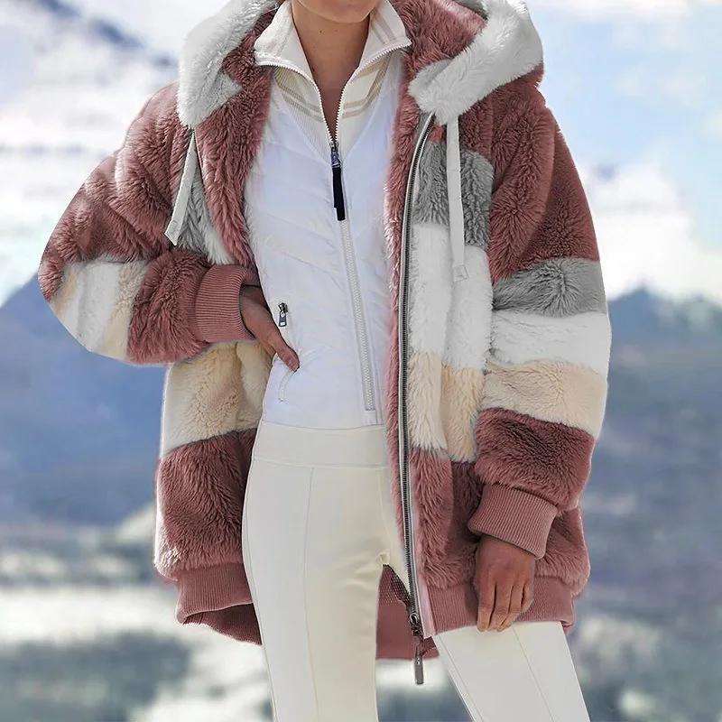 Manteau en peluche pour femme, veste à capuche avec fermeture éclair, décontractée, surdimensionnée,