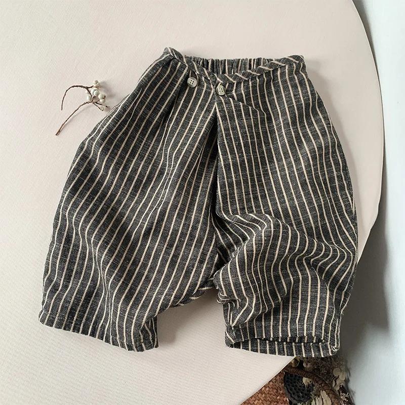 Pantalon rétro rayé coton lin enfant large décontracté japonais unisexe printemps automne WTP122