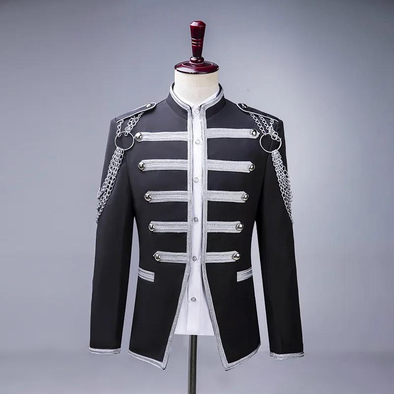 Blazer militaire noir avec chaîne argentée pour hommes, veste de spectacle de magicien pour chanteur