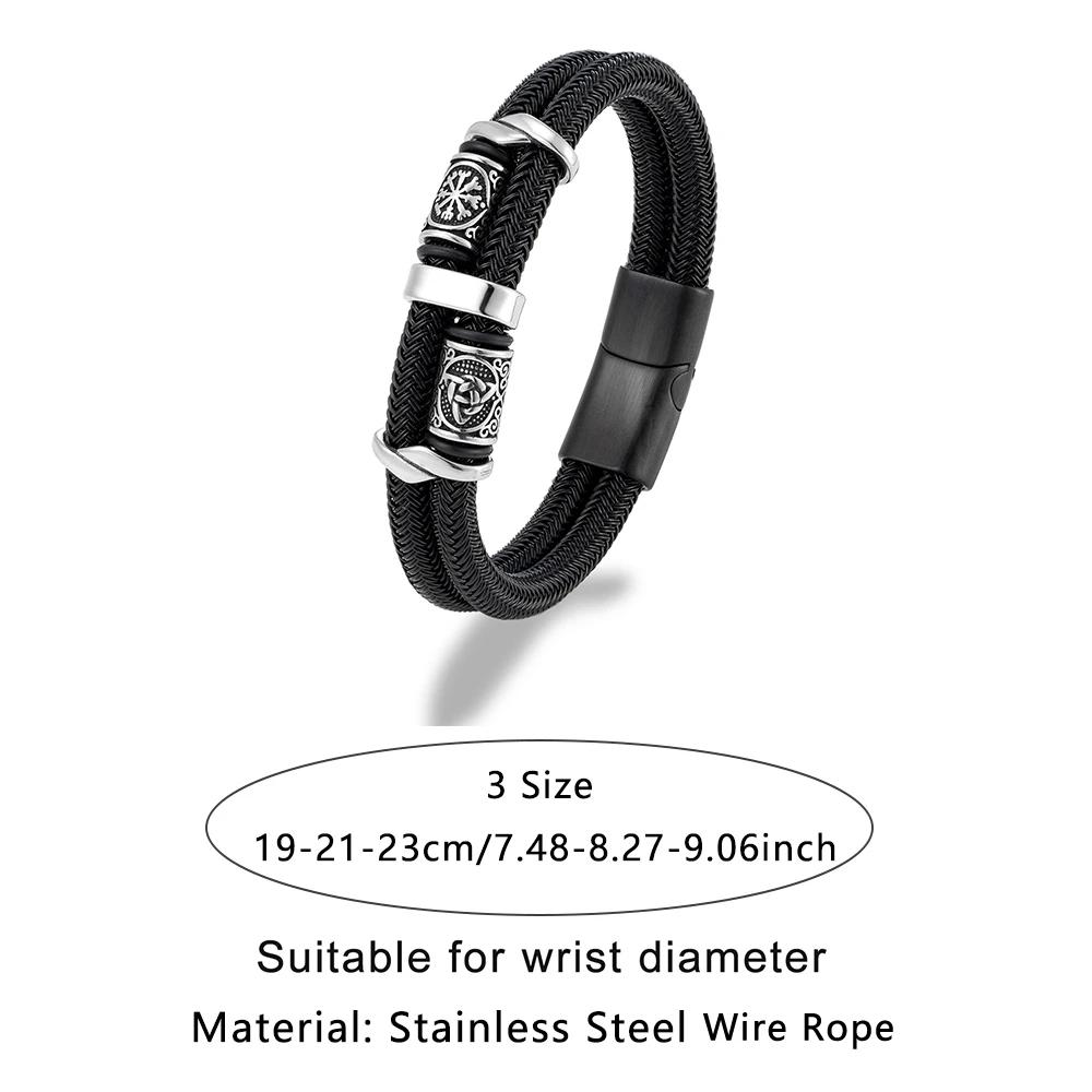 Vikings Runes Double couche Bracelet pour hommes en acier inoxydable câble métallique nordique Triqu