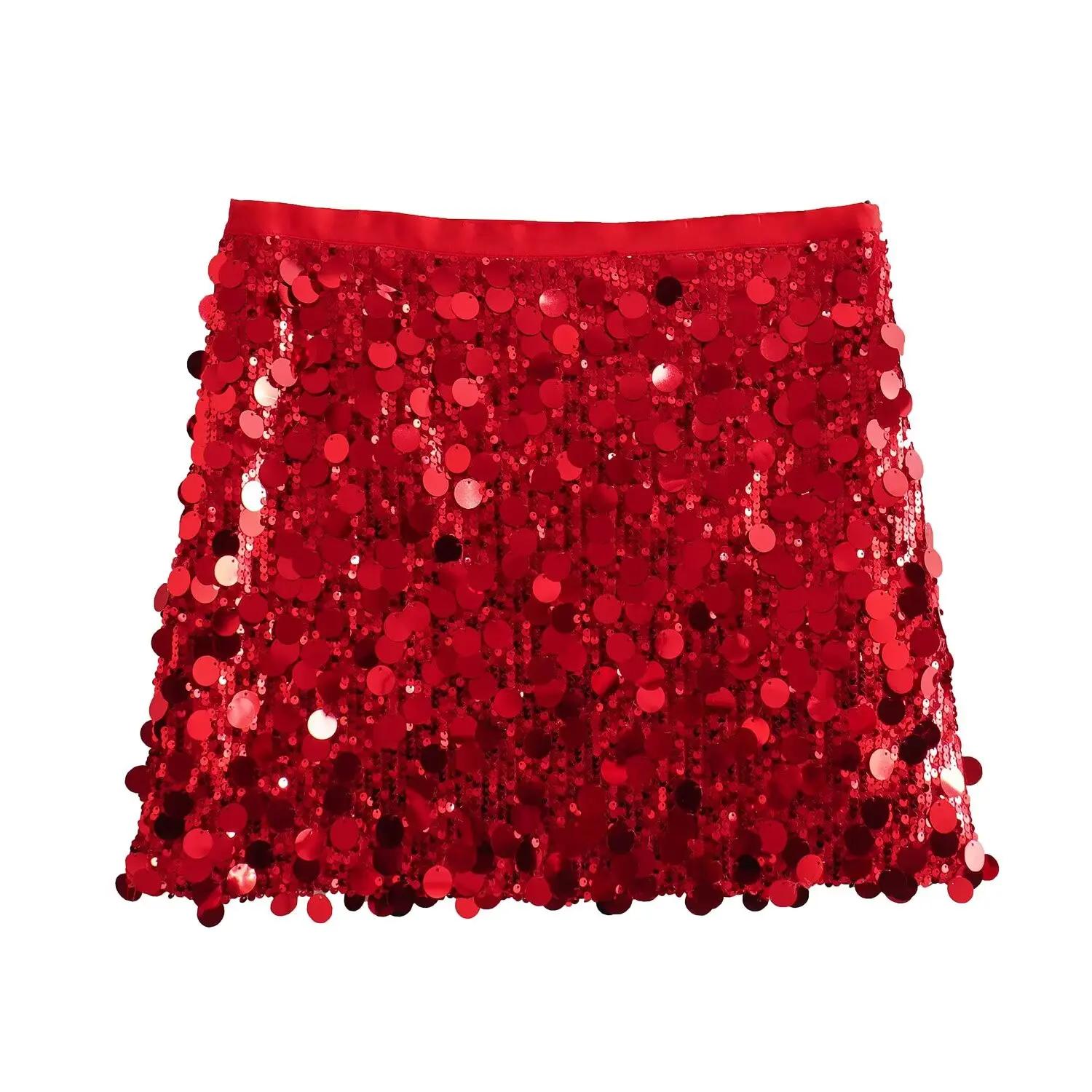 Femmes printemps automne Chic Mini jupes mode avec paillettes solide côté fermeture éclair jupe cour