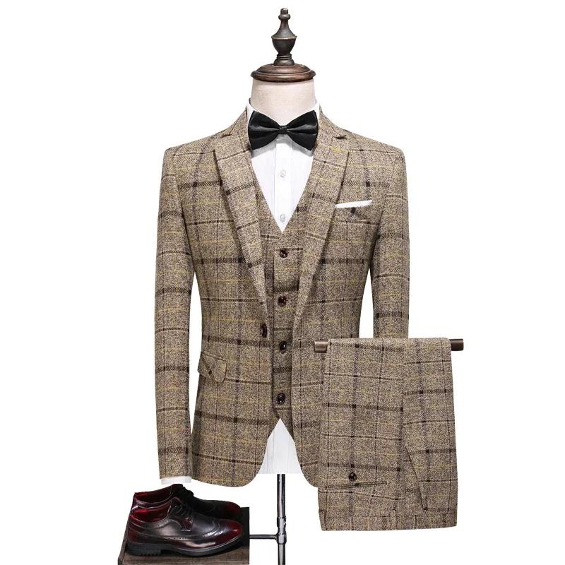 Blazer et pantalon en lin à carreaux pour hommes, mode masculine, affaires, gentleman, mariage, déco