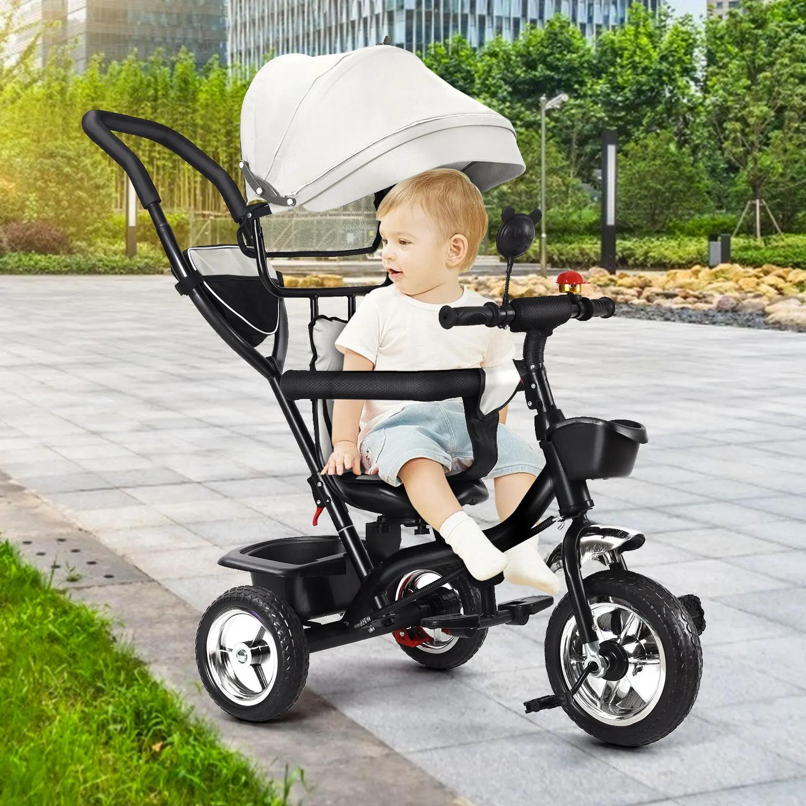 Tricycle Bébé Evolutif 6 en 1 Vélo Poussette Bébé avec Poignée de Poussée, Auvent Amovible, Ceinture