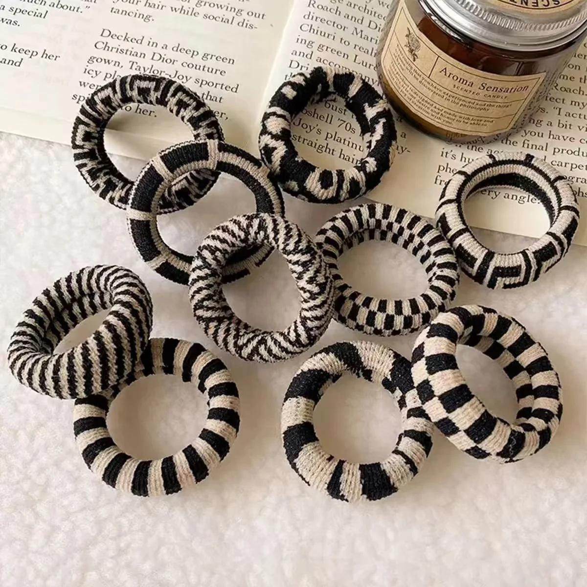 Élastique à cheveux épais rayé noir et blanc - Corde à cheveux sans couture à haute élasticité, acce