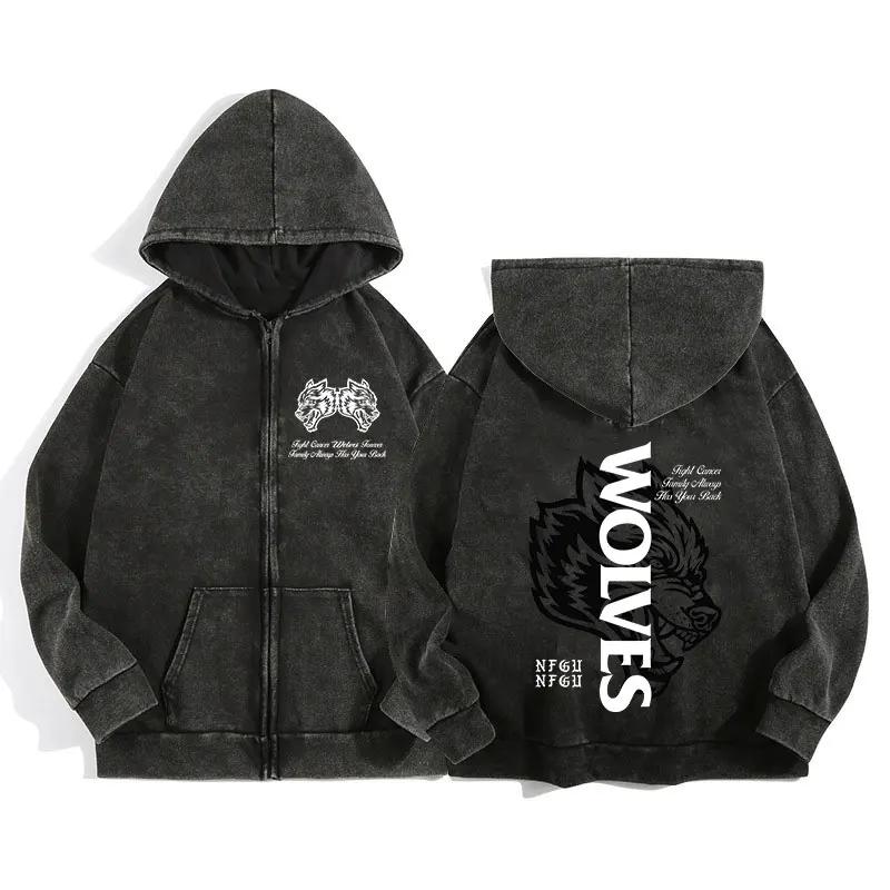 Darc Wolves Sport sweat à capuche zippé pour hommes femmes coton imprimé gothique Harajuku veste swe