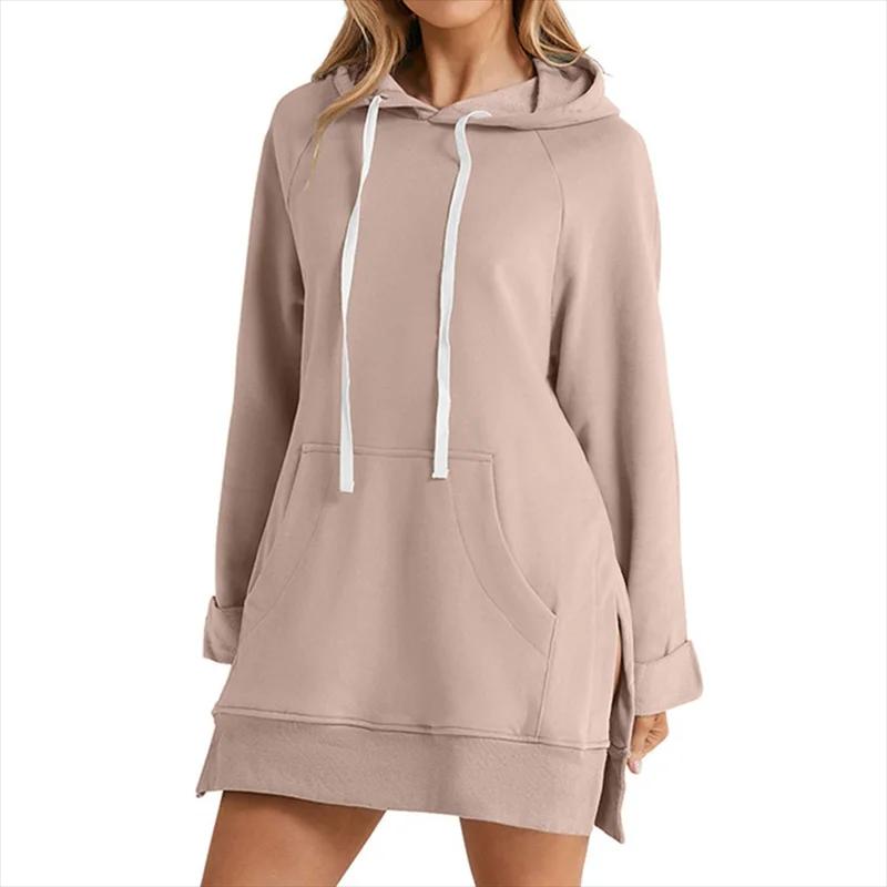 Robe à capuche pour femmes, ourlet fendu, cordon de serrage, ample avec grande poche, pull à capuche