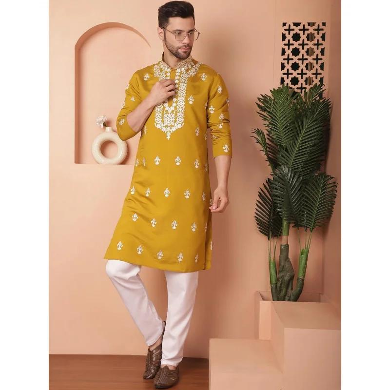 Kurtaasuha imprimé numérique pour hommes, coupe régulière, col Mandarin, long, adapté à toutes les o