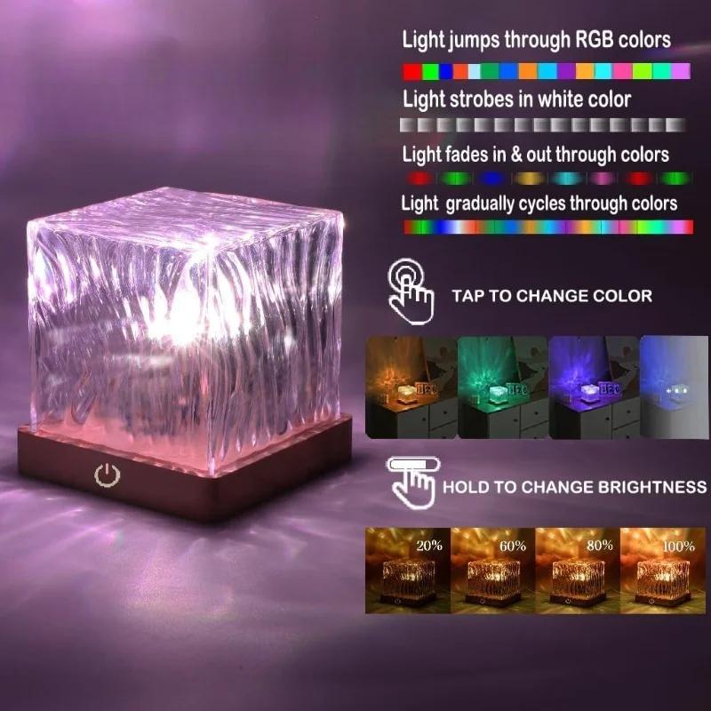 Projecteur d'ondulation d'eau rotatif dynamique, veilleuse 3/16 couleurs, lampe en cristal de flamme