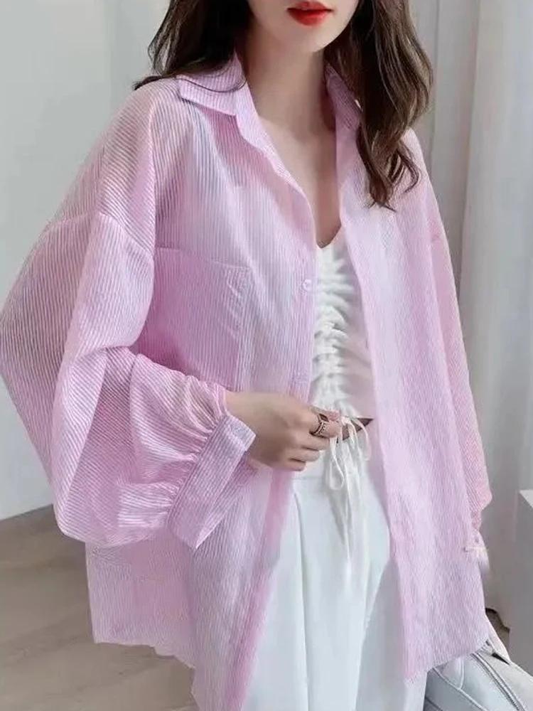 Jmprs coréen Sexy femmes Transparent rayé chemise surdimensionné ample à manches longues coréen rési