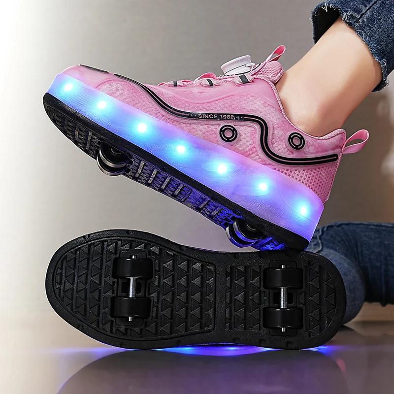 Patins à roulettes à quatre roues pour enfants, baskets à lumière LED pour garçons et filles, chauss