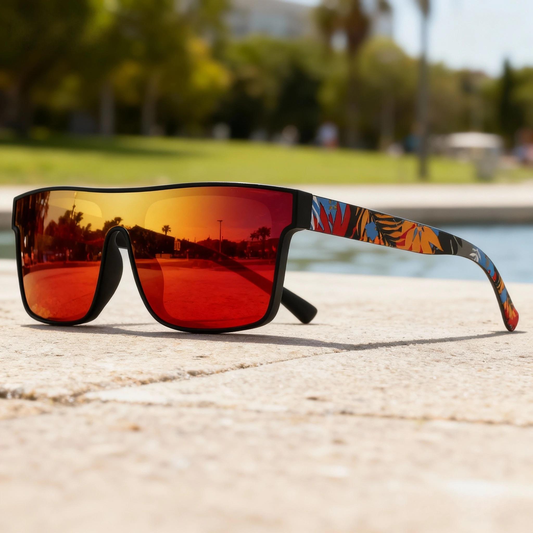 Lunettes de soleil de sport carrées colorées – Lentille une pièce avec branches à motifs, confort un