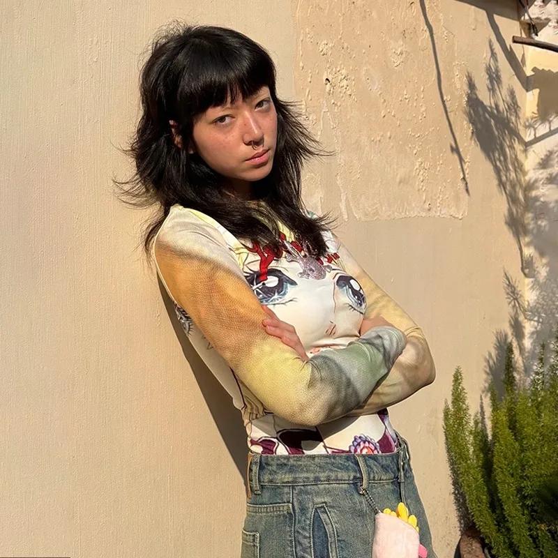 Karrram japonais Y2k Anime imprimé T-shirt 2000s esthétique à manches longues T-shirt Vintage Haraju