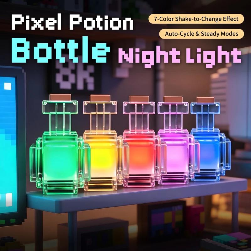 Lampe de nuit LED rechargeable en forme de bouteille de potion, 7 couleurs changeantes, style pixel,