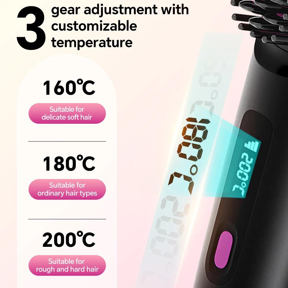 Brosse lissante sans fil rechargeable, peigne lissant à ions négatifs avec 3 réglages de température