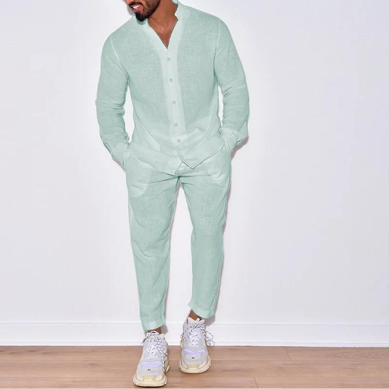 Ensemble chemise respirante à manches longues pour hommes, 100% coton, couleur unie, pantalon décont