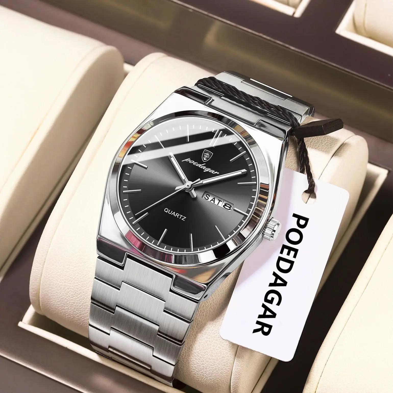 POEDAGAR montre-bracelet à Quartz pour hommes de luxe étanche lumineux Date semaine homme montre en 