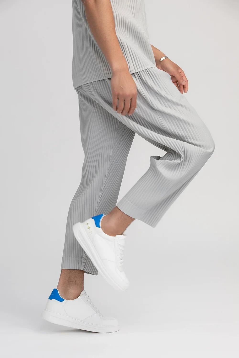 Miyake plissé pantalon droit hommes vêtements noir crayon pantacourt vêtements de rue hommes Style j