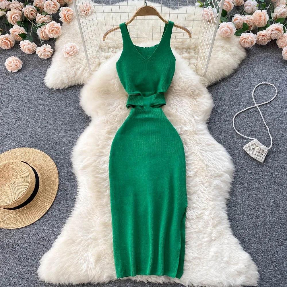 YuooMuoo femmes robe Sexy découpé taille paquet hanches fendu robe moulante été mode dame tricoté fê