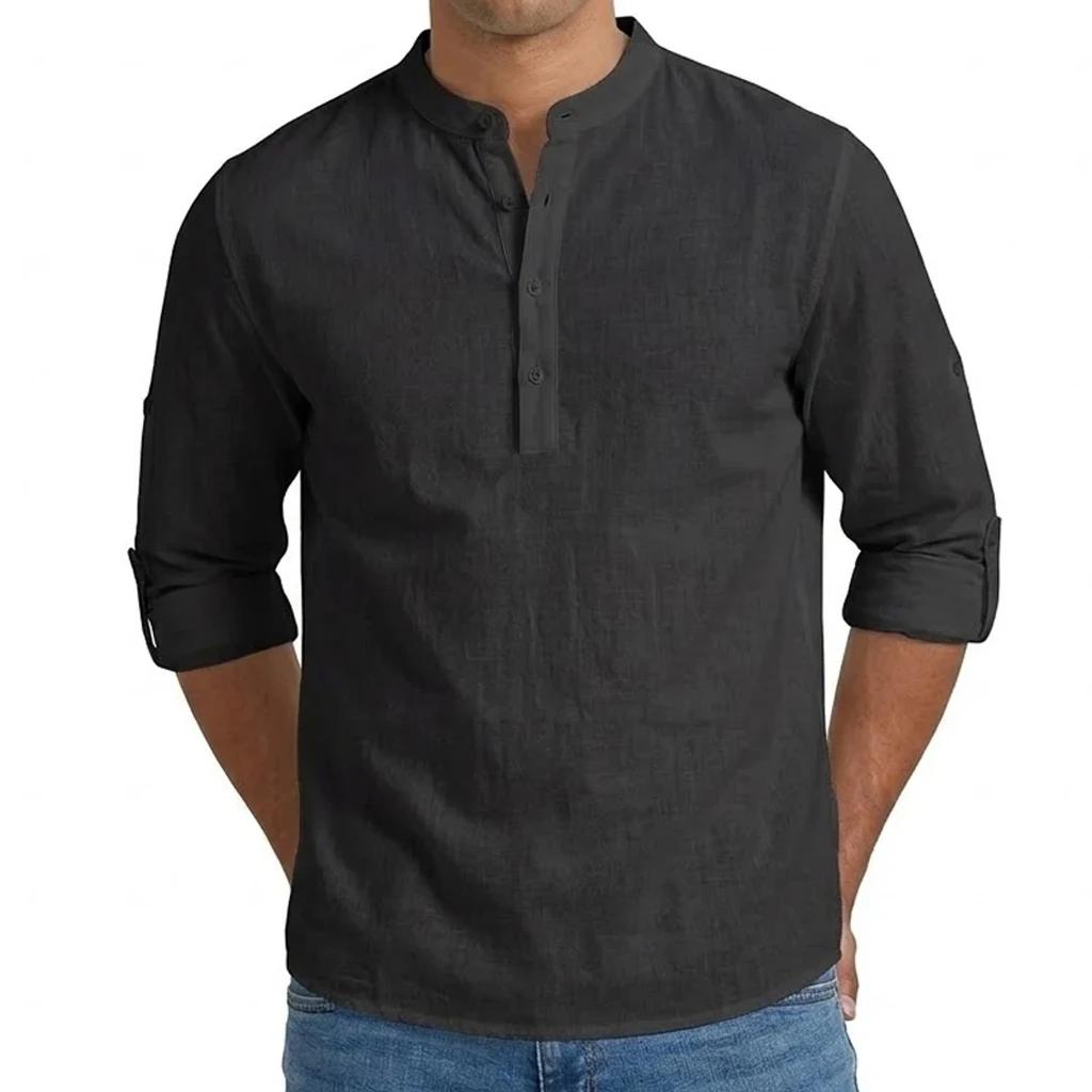 Chemises pour hommes en mélange de lin de qualité supérieure, hauts Henley à manches longues, style 