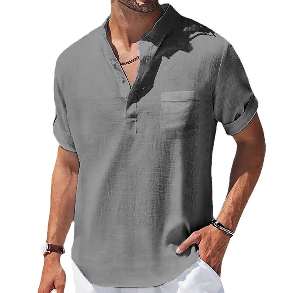 Été nouveaux hommes coton et lin chemises à manches courtes T-shirt col Henry décontracté hommes T-s