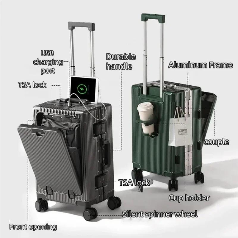 Valise à cadre en alliage d'aluminium, poche d'ouverture avant avec prise de chargement USB, sac de 