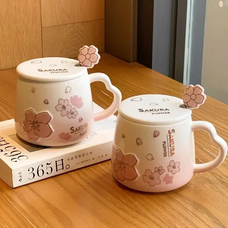 Tasse en céramique avec couvercle et cuillère, belle tasse à café, lait, poudre de Sakura, ménage, a