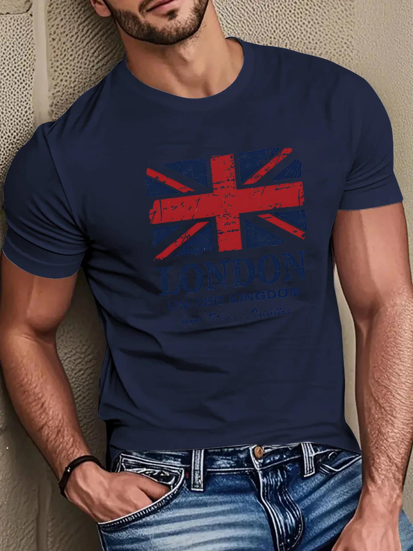 T-shirt à manches courtes pour hommes, 100% pur coton, imprimé drapeau britannique et monuments de L