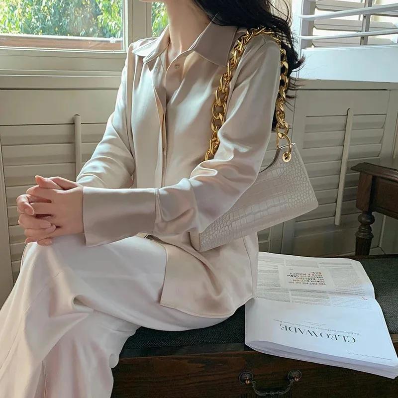Chemisier en Satin à manches longues pour femmes, mode française, chemises de couleur unie, vêtement