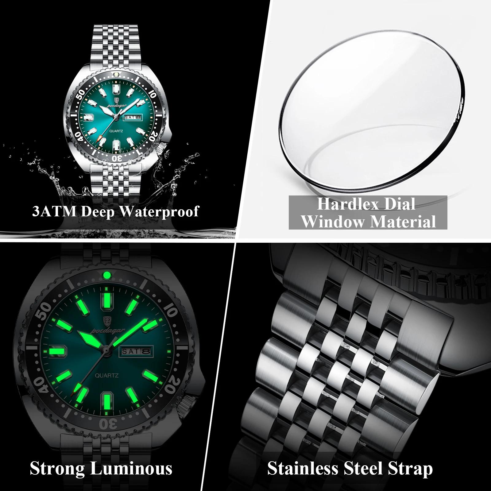 POEDAGAR luxe hommes d'affaires montre Date semaine étanche lumineux homme montre-bracelet Sport en 
