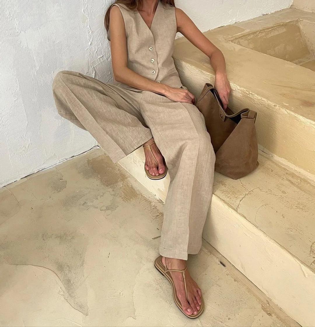 2025 nouvelles femmes lin coton Chic gilet et pantalon costume deux pièces ensemble bureau dames été
