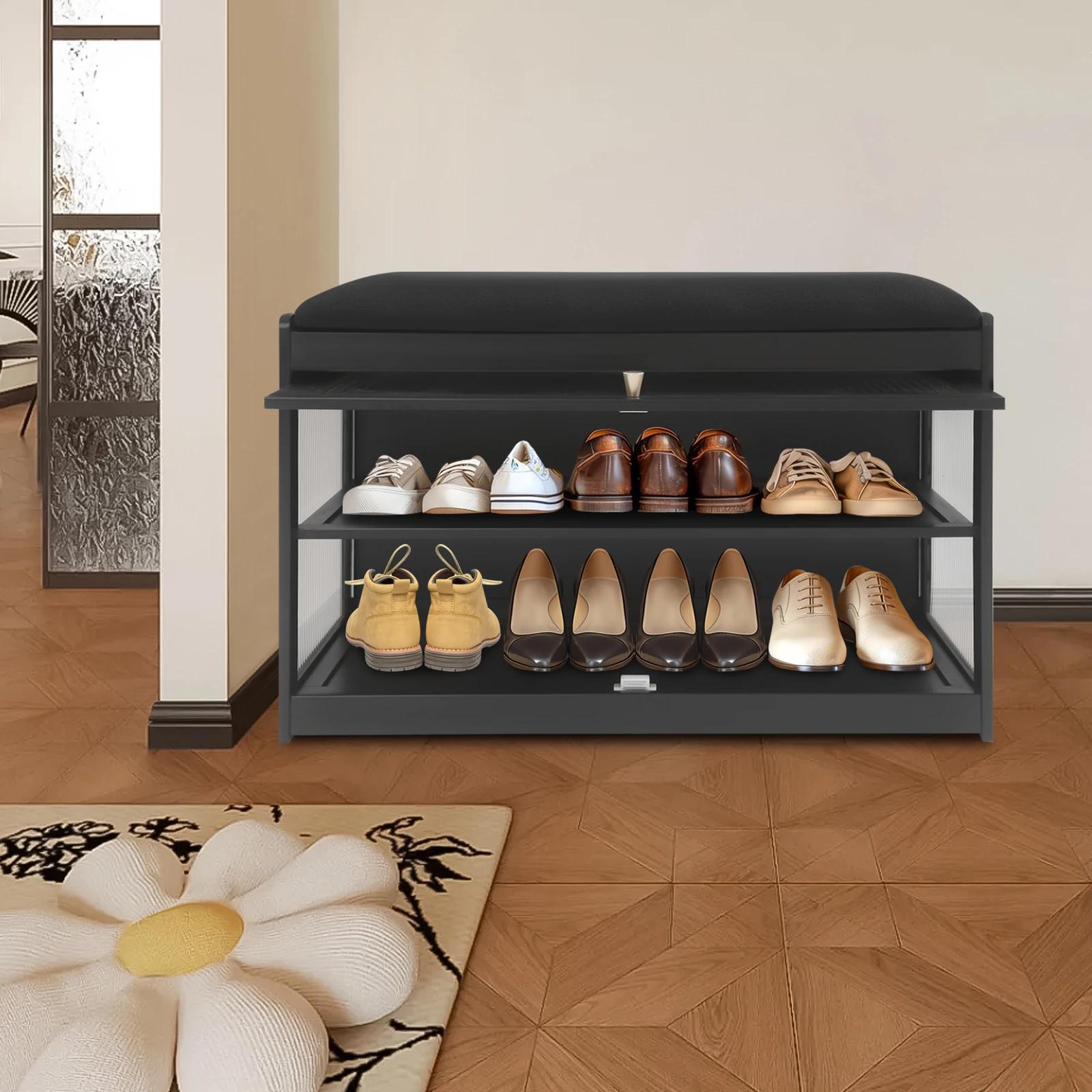Banc à chaussures rectangulaire à 2 niveaux avec coussin et espace de rangement pour entrées, couloi